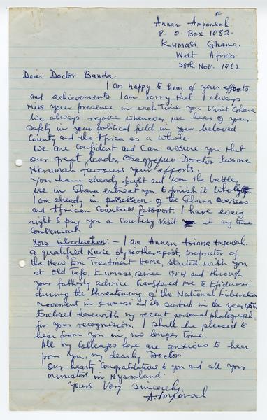 H. K. Banda Archive, 1950-1999. 28 Nov. 1962. (Correspondence, Dr. H. K. Banda Correspondence, 1932-1997, Amponsah, Annan): Page 1 of 3