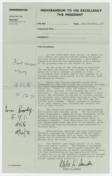 H. K. Banda Archive, 1950-1999. 14 December 1971. (Correspondence, Dr. H. K. Banda Correspondence, 1932-1997, Banda, Aleke K): Page 1 of 1