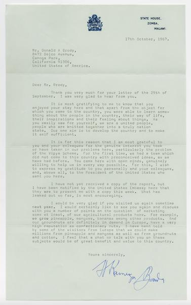 H. K. Banda Archive, 1950-1999. 17 October 1967. (Correspondence, Dr. H. K. Banda Correspondence, 1932-1997, Brody, Donald and Paula): Page 1 of 3