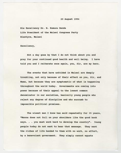 H. K. Banda Archive, 1950-1999. 20 August 1994. (Correspondence, Dr. H. K. Banda Correspondence, 1932-1997, Brody, Donald and Paula): Page 1 of 3