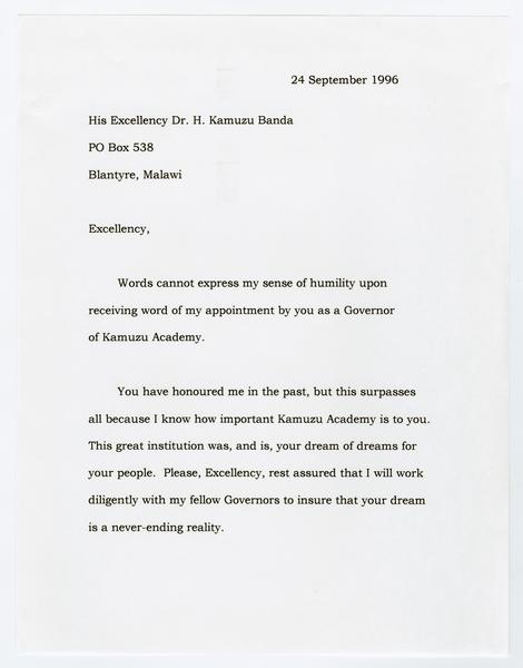 H. K. Banda Archive, 1950-1999. 24 September 1996. (Correspondence, Dr. H. K. Banda Correspondence, 1932-1997, Brody, Donald and Paula): Page 1 of 2