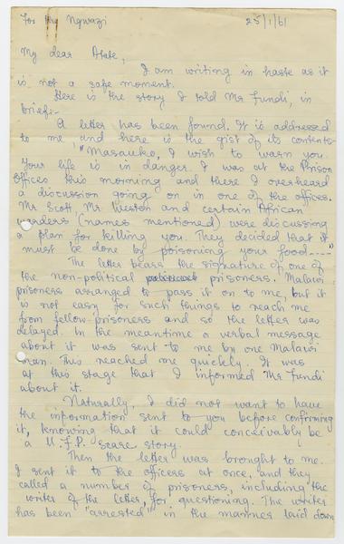 H. K. Banda Archive, 1950-1999. 25 January 1961. (Correspondence, Dr. H. K. Banda Correspondence, 1932-1997, Chipembere, Masauko): Page 1 of 4