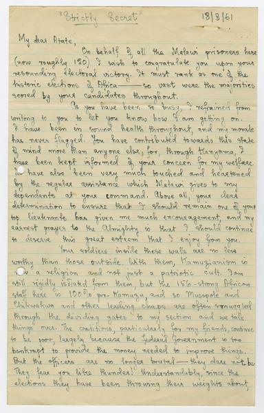 H. K. Banda Archive, 1950-1999. 18 August 1961. (Correspondence, Dr. H. K. Banda Correspondence, 1932-1997, Chipembere, Masauko): Page 1 of 6