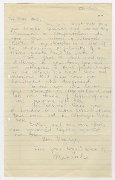H. K. Banda Archive, 1950-1999. 26 October 1962. (Correspondence, Dr. H. K. Banda Correspondence, 1932-1997, Chipembere, Masauko): Page 1 of 1