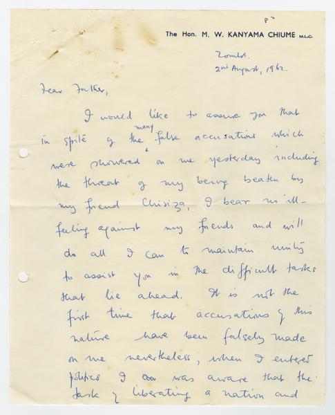 H. K. Banda Archive, 1950-1999. 2 August 1962. (Correspondence, Dr. H. K. Banda Correspondence, 1932-1997, Chiume, M. W. Kanyama): Page 1 of 8