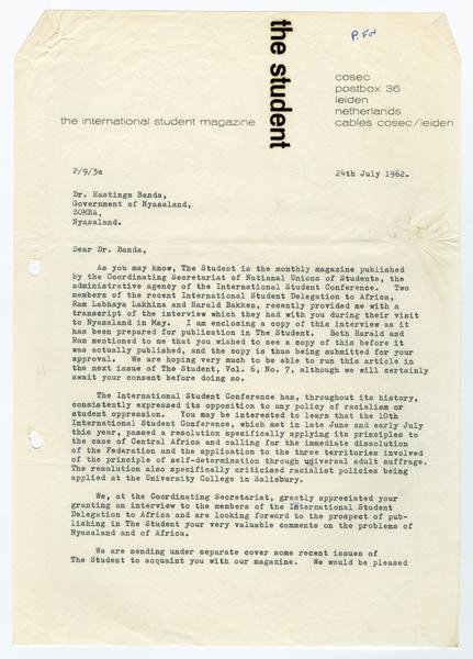 H. K. Banda Archive, 1950-1999. 24 July 1962. (Correspondence, Dr. H. K. Banda Correspondence, 1932-1997, Eckstein, Peter): Page 1 of 6