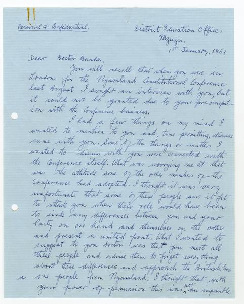 H. K. Banda Archive, 1950-1999. 1 January 1961. (Correspondence, Dr. H. K. Banda Correspondence, 1932-1997, Gondwe, E): Page 1 of 7