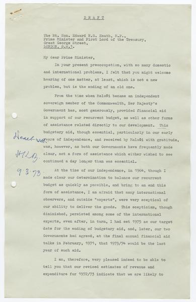 H. K. Banda Archive, 1950-1999. 9 March 1973. (Correspondence, Dr. H. K. Banda Correspondence, 1932-1997, Heath, Edward R. G): Page 1 of 3