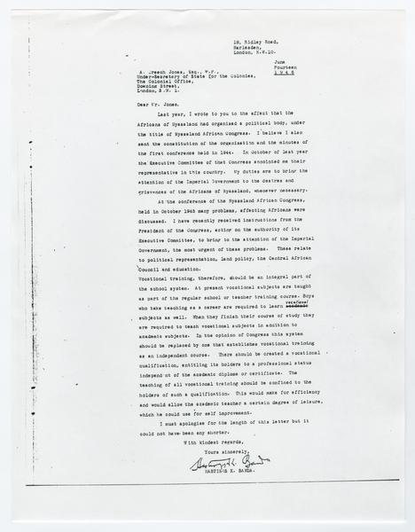 H. K. Banda Archive, 1950-1999. 14 June 1946. (Correspondence, Dr. H. K. Banda Correspondence, 1932-1997, Jones, A. Creech): Page 1 of 1