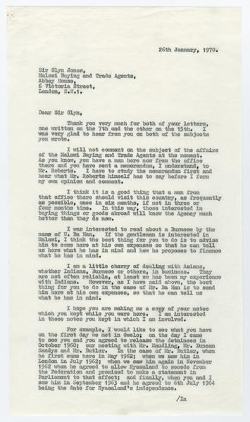 H. K. Banda Archive, 1950-1999. 26 January 1970. (Correspondence, Dr. H. K. Banda Correspondence, 1932-1997, Jones, Glyn): Page 1 of 2