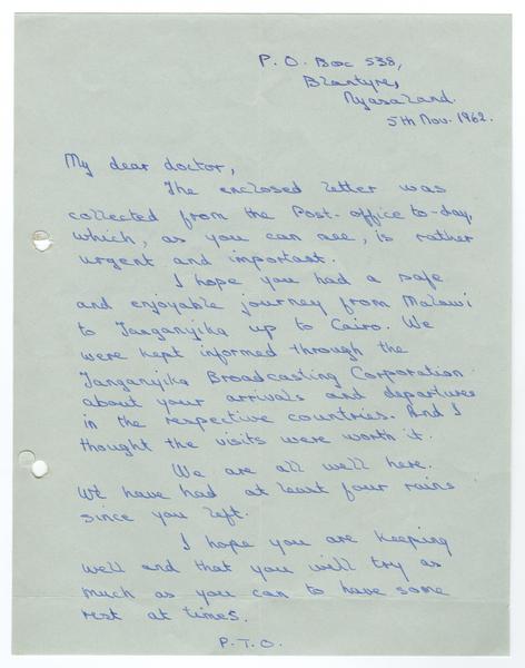 H. K. Banda Archive, 1950-1999. 5 November 1962. (Correspondence, Dr. H. K. Banda Correspondence, 1932-1997, Kadzamira, Cecilia Tamara): Page 1 of 2