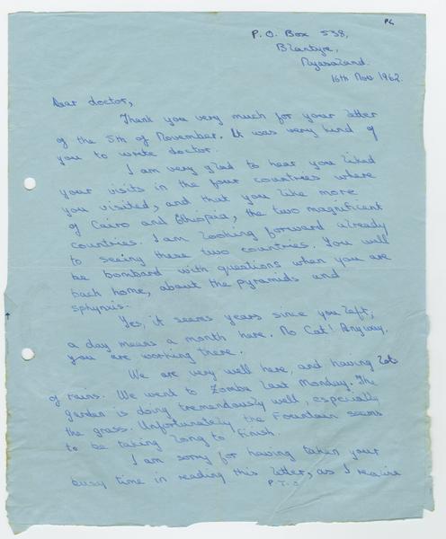 H. K. Banda Archive, 1950-1999. 16 November 1962. (Correspondence, Dr. H. K. Banda Correspondence, 1932-1997, Kadzamira, Cecilia Tamara): Page 1 of 2