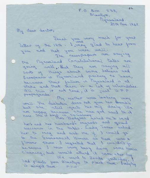 H. K. Banda Archive, 1950-1999. 20 November 1962. (Correspondence, Dr. H. K. Banda Correspondence, 1932-1997, Kadzamira, Cecilia Tamara): Page 1 of 2