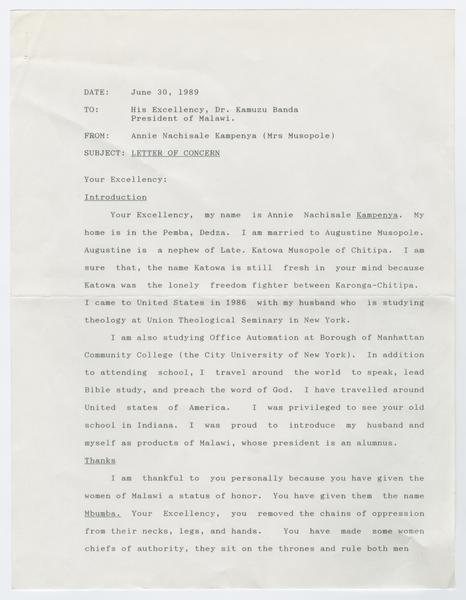 H. K. Banda Archive, 1950-1999. 30 June 1989. (Correspondence, Dr. H. K. Banda Correspondence, 1932-1997, Kampenya, Annie Nachisale): Page 1 of 5