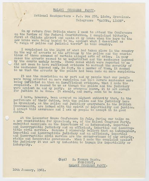 H. K. Banda Archive, 1950-1999. 10 January 1961. (Correspondence, Dr. H. K. Banda Correspondence, 1932-1997, Malawi Congress Party): Page 1 of 1
