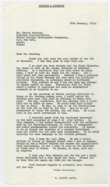 H. K. Banda Archive, 1950-1999. 26 January 1970. (Correspondence, Dr. H. K. Banda Correspondence, 1932-1997, Menzies, Gordon): Page 1 of 1