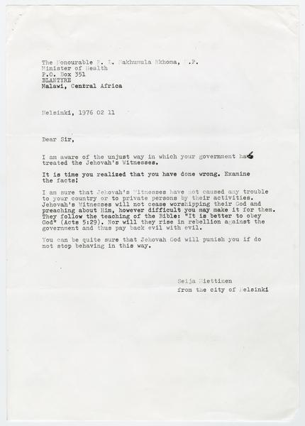 H. K. Banda Archive, 1950-1999. 2 November 1976. (Correspondence, Dr. H. K. Banda Correspondence, 1932-1997, Miettinen, Seija): Page 1 of 1