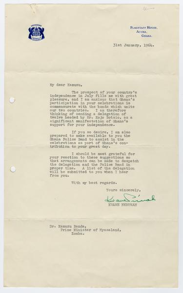 H. K. Banda Archive, 1950-1999. 31 January 1964. (Correspondence, Dr. H. K. Banda Correspondence, 1932-1997, Nkrumah, Kwame): Page 1 of 1