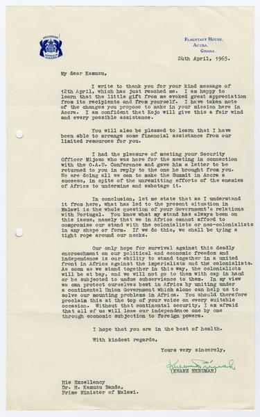 H. K. Banda Archive, 1950-1999. 24 April 1965. (Correspondence, Dr. H. K. Banda Correspondence, 1932-1997, Nkrumah, Kwame): Page 1 of 1