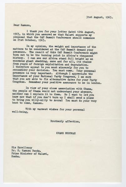 H. K. Banda Archive, 1950-1999. 31 August 1965. (Correspondence, Dr. H. K. Banda Correspondence, 1932-1997, Nkrumah, Kwame): Page 1 of 4