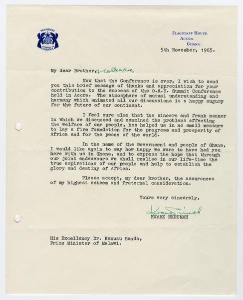 H. K. Banda Archive, 1950-1999. 5 November 1965. (Correspondence, Dr. H. K. Banda Correspondence, 1932-1997, Nkrumah, Kwame): Page 1 of 1