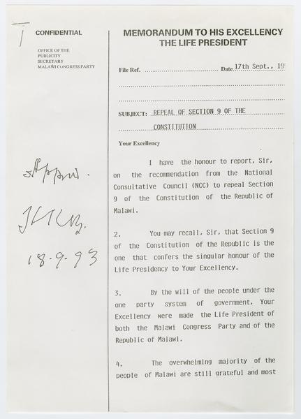 H. K. Banda Archive, 1950-1999. 17 September 1993. (Correspondence, Dr. H. K. Banda Correspondence, 1932-1997, Ntaba, H. M): Page 1 of 3