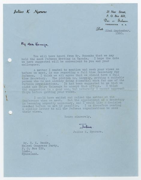 H. K. Banda Archive, 1950-1999. 22 September 1960. (Correspondence, Dr. H. K. Banda Correspondence, 1932-1997, Nyerere, Julius): Page 1 of 1