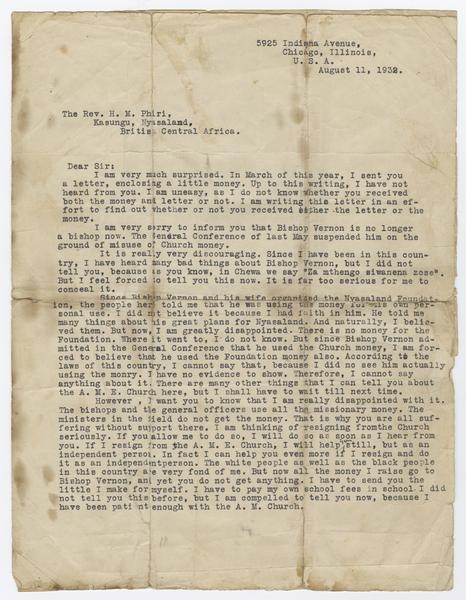 H. K. Banda Archive, 1950-1999. 11 August 1932. (Correspondence, Dr. H. K. Banda Correspondence, 1932-1997, Phiri, H. M): Page 1 of 4