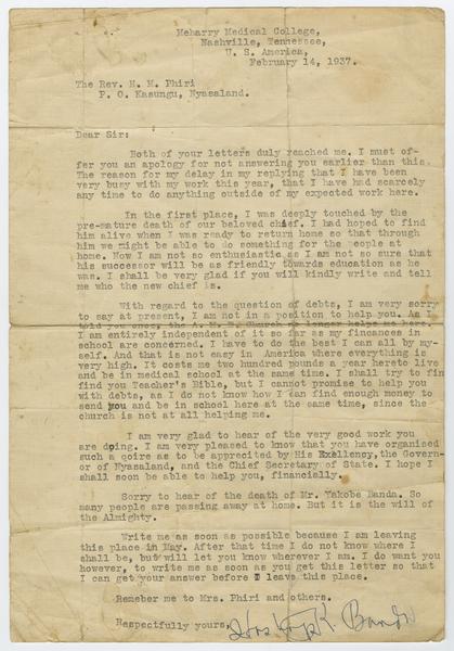 H. K. Banda Archive, 1950-1999. 14 February 1937. (Correspondence, Dr. H. K. Banda Correspondence, 1932-1997, Phiri, H. M): Page 1 of 4