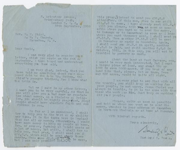 H. K. Banda Archive, 1950-1999. 30 September 1950. (Correspondence, Dr. H. K. Banda Correspondence, 1932-1997, Phiri, H. M): Page 1 of 3