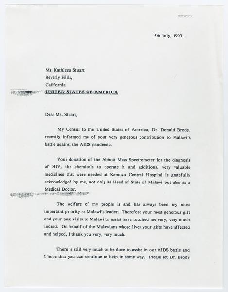 H. K. Banda Archive, 1950-1999. 5 July 1993. (Correspondence, Dr. H. K. Banda Correspondence, 1932-1997, Stuart, Kathleen): Page 1 of 2