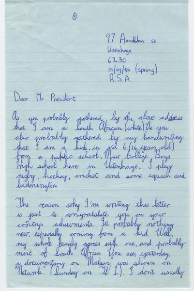 H. K. Banda Archive, 1950-1999. 1 September 1986. (Correspondence, Dr. H. K. Banda Correspondence, 1932-1997, Vermaak, Kevin): Page 1 of 5