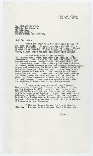 H. K. Banda Archive, 1950-1999. 3 June 1974. (Correspondence, Dr. H. K. Banda Correspondence, 1932-1997, Wynn, Richard B): Page 1 of 2