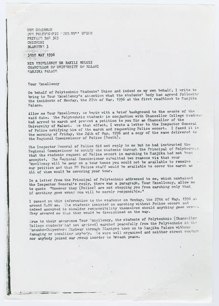 H. K. Banda Archive, 1950-1999. letter to Muluzi, Bakili. (Correspondence, Correspondence of Others, Chatima, Dumisani): Page 1 of 3