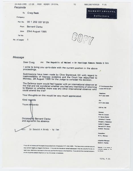 H. K. Banda Archive, 1950-1999. letter to Baab, Craig. (Correspondence, Correspondence of Others, Clarke, Bernard): Page 1 of 1