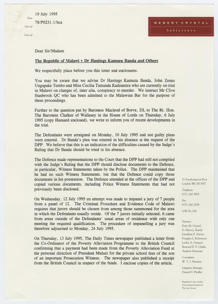 H. K. Banda Archive, 1950-1999. letter to Sir/Madam. (Correspondence, Correspondence of Others, Clarke, Bernard): Page 1 of 15