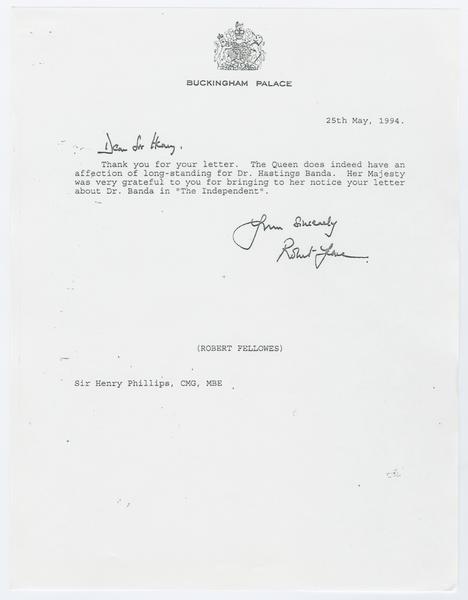H. K. Banda Archive, 1950-1999. letter to Phillips, Henry. (Correspondence, Correspondence of Others, Fellowes, Robert): Page 1 of 1