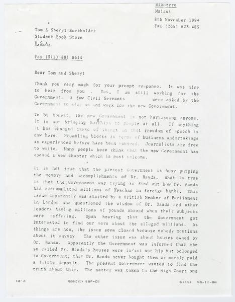 H. K. Banda Archive, 1950-1999. correspondence with Burkholder, Tom, & Sheryl. (Correspondence, Correspondence of Others, Kalinda, Everson): Page 1 of 2