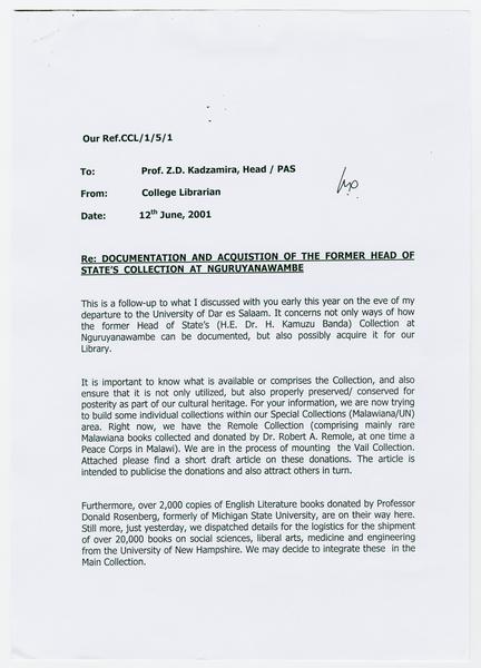 H. K. Banda Archive, 1950-1999. letter to Kadzamira, Z.D. (Correspondence, Correspondence of Others, Msiska, Augustine W.C): Page 1 of 8