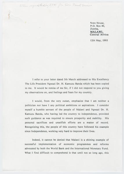 H. K. Banda Archive, 1950-1999. letter to Kadzamira, Cecilia? (Correspondence, Correspondence of Others, Simon, Paul): Page 1 of 5