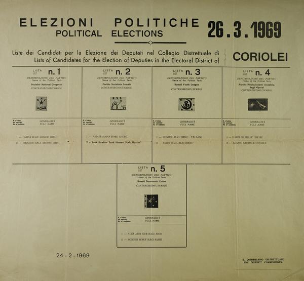 Elezioni Politiche / Political Elections, 26.3.1969. Mogadishu: Il Commissario Distrettuale/The District Commissioner, 1969.: Page 1 of 1