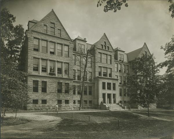 Black and white image of the front view of Lindley hall.