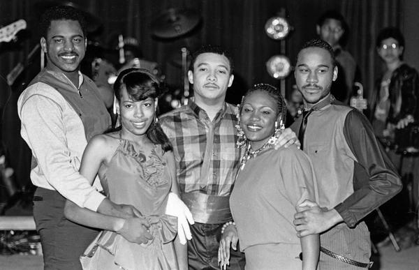 Five members of the IU Soul Revue at their Spring Concert in 1985.