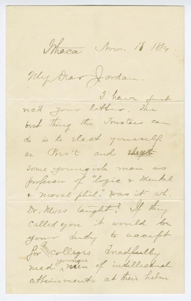 David Starr Jordan papers, 1874-1929, bulk 1895-1929 "M.K.D." to David Starr Jordan, 16 November 1884. (Correspondence, 1880-1899): Page 1 of 3