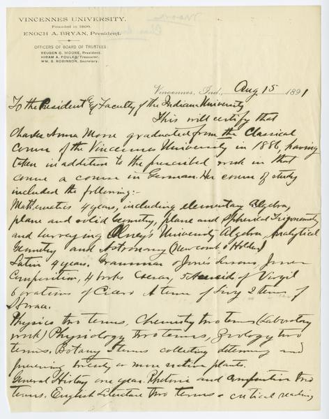 David Starr Jordan papers, 1874-1929, bulk 1895-1929 Enoch A. Bryan (President of Vincennes University) to President of IU (letter forwarded to Jordan who was in Palo Alto, CA), 15 August 1891. (Correspondence, 1880-1899): Page 1 of 4
