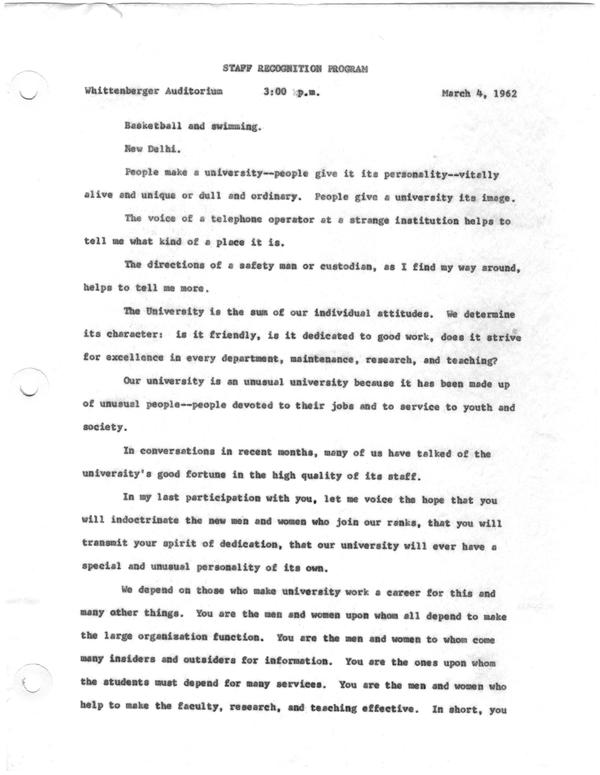 President Herman B Wells speeches, 1937-1962. Staff Recognition Program - Whittenberger Auditorium,. (Speeches, 1937-1962, 1962).: Page 1 of 2