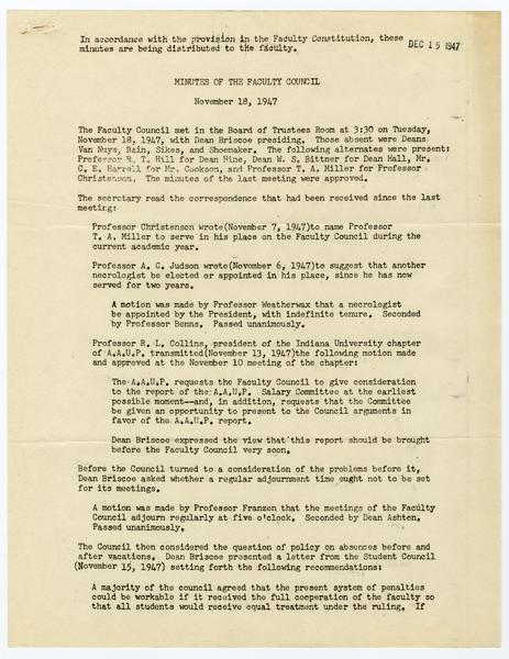 Indiana University Faculty Council records, 1947-1970 1961-1969. 18 November 1947. (Minutes and Agendas, 1947-1969, Minutes, 1947-1969): Page 1 of 5