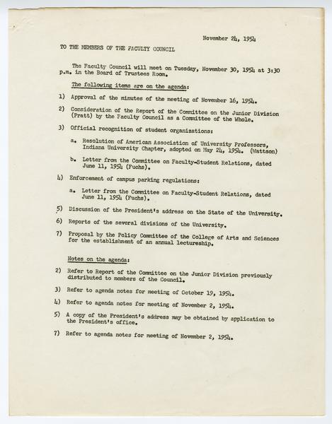 Indiana University Faculty Council records, 1947-1970 1961-1969. 30 November 1954. (Minutes and Agendas, 1947-1969, Minutes, 1947-1969): Page 1 of 4