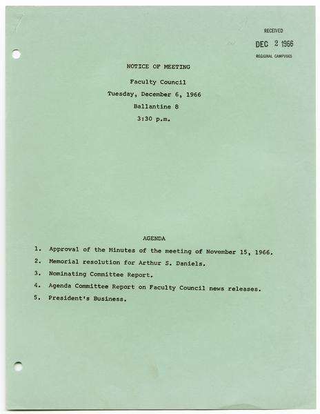Indiana University Faculty Council records, 1947-1970 1961-1969. 06 December 1966. (Minutes and Agendas, 1947-1969, Minutes, 1947-1969): Page 1 of 15