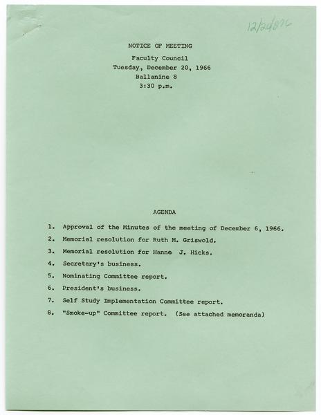 Indiana University Faculty Council records, 1947-1970 1961-1969. 20 December 1966. (Minutes and Agendas, 1947-1969, Minutes, 1947-1969): Page 1 of 11